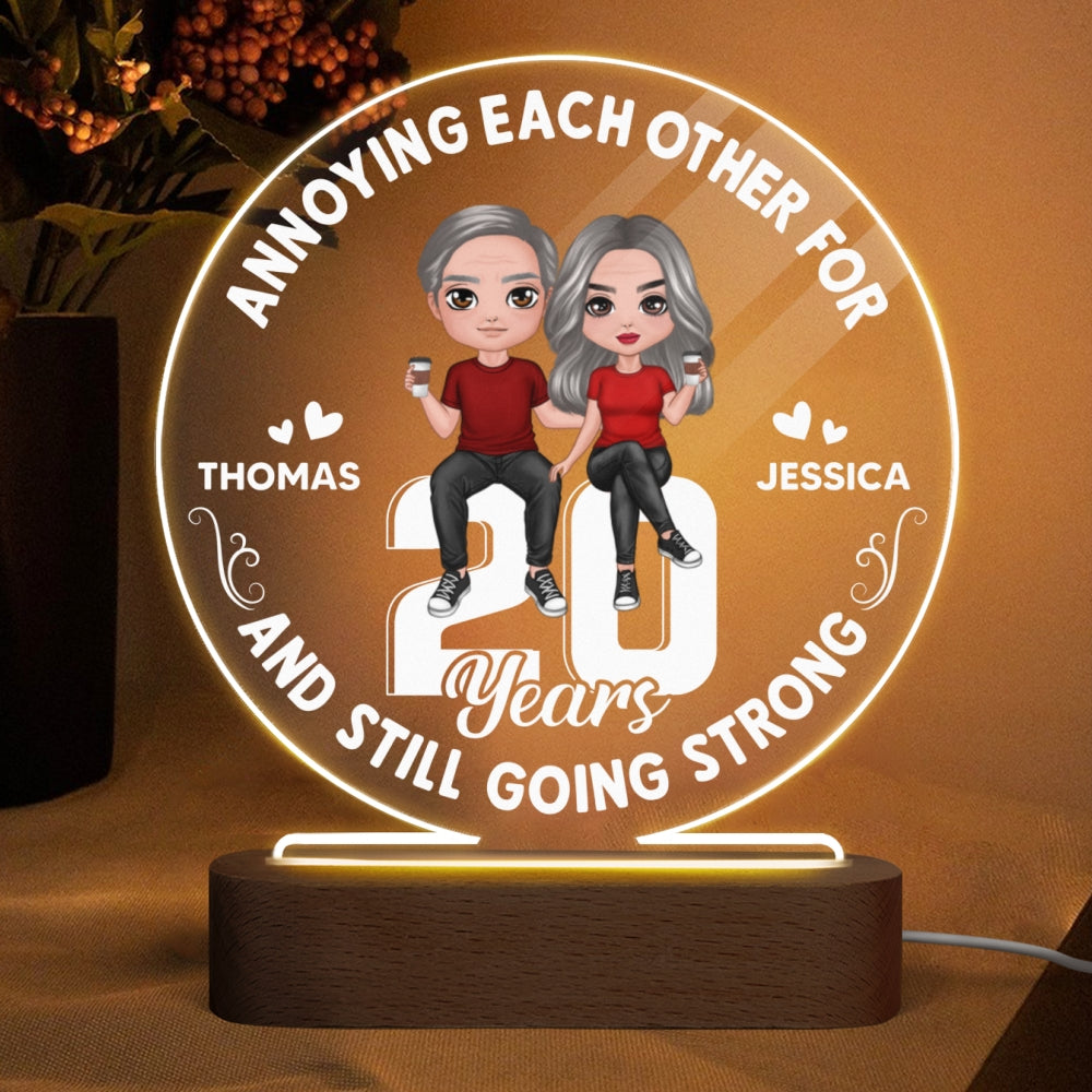 Annoying Each Other Doll Couple Sitting On Number Personalized Circle Acrylic Plaque With LED Night Light - Anniversary Gift For Her - Gift For Him