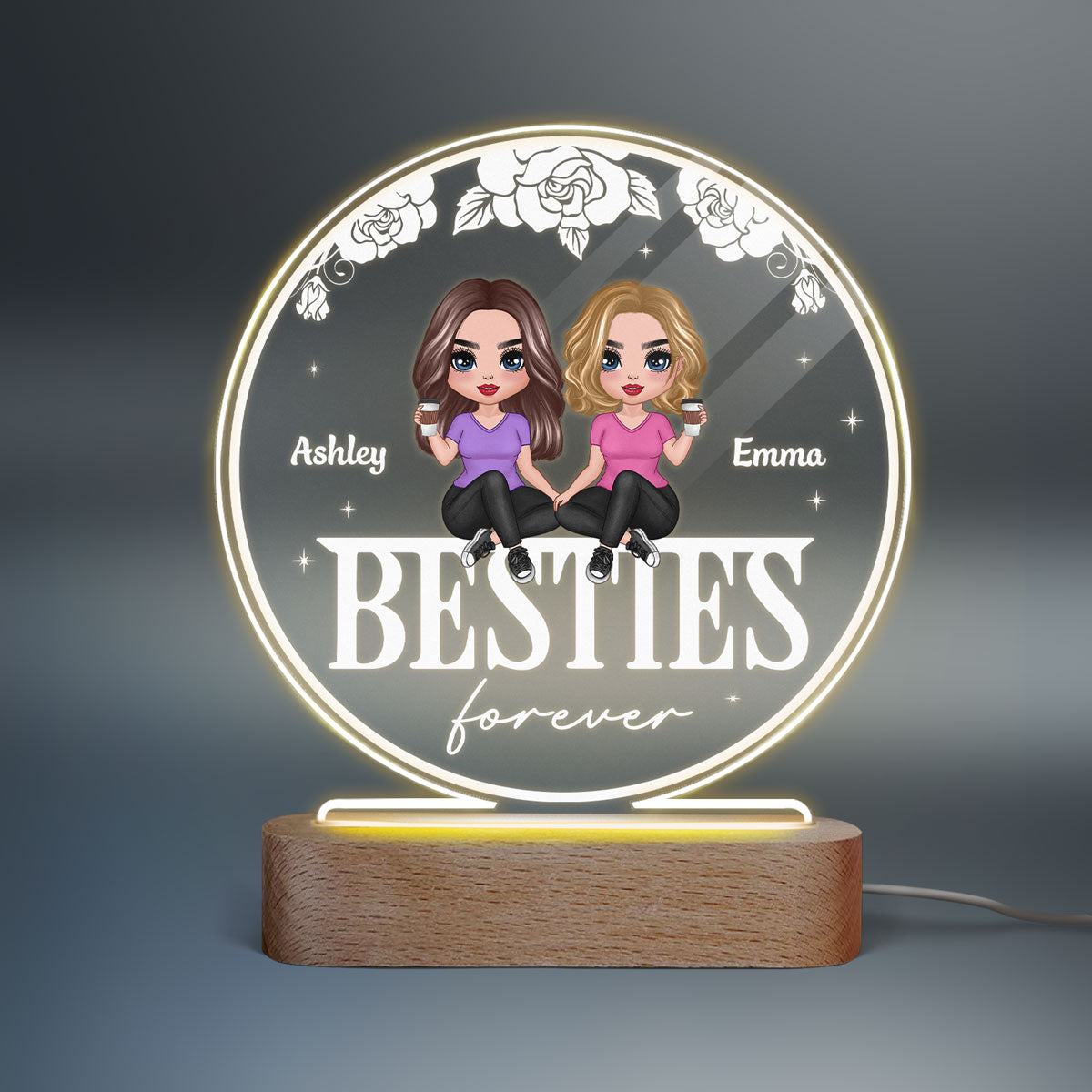 Doll Besties Sisters Sitting On Word Personalized Circle Acrylic Plaque LED Lamp Night Light