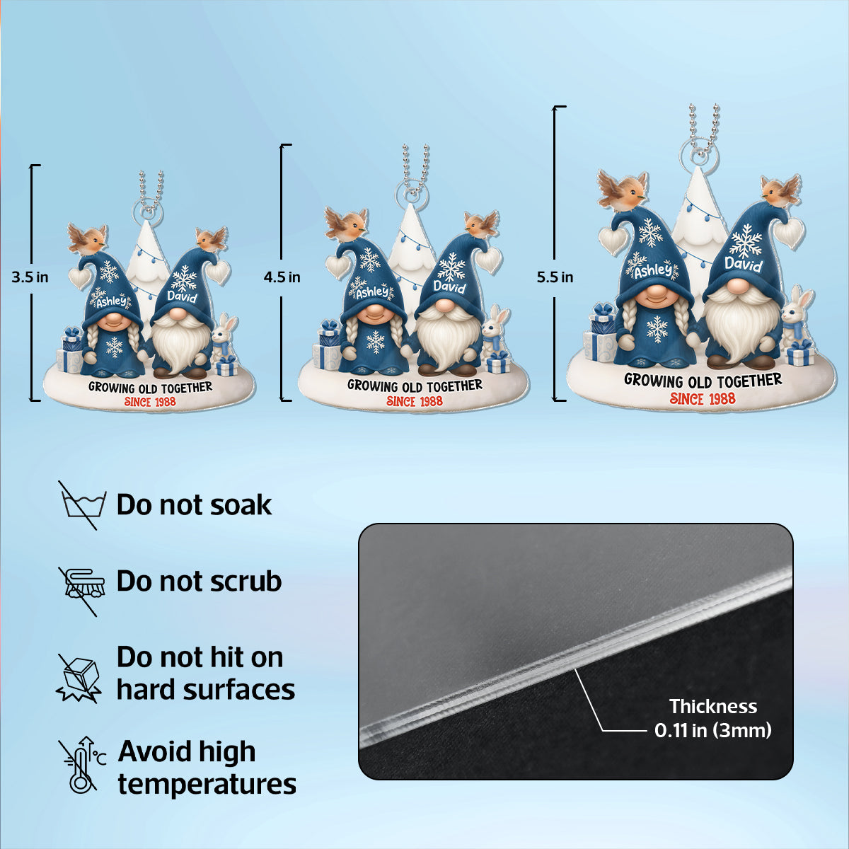 Blue Gnome Christmas Couple Growing Old Together Personalized Acrylic Ornament, Gift for him, Gift for her