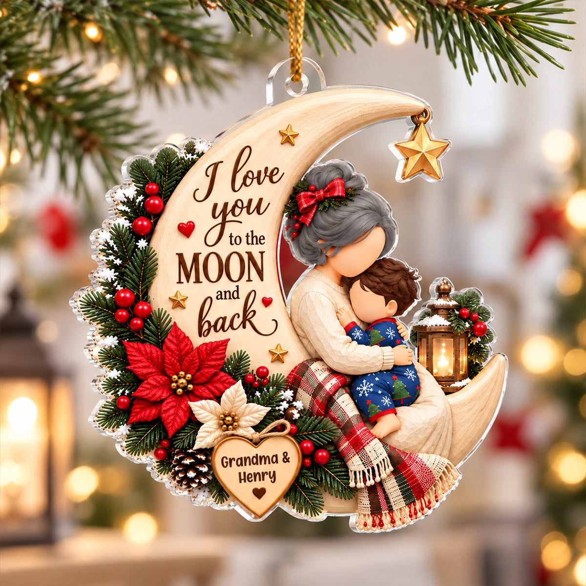 Grandma Loves Grandkid to the Moon and Back - Personalized Acrylic Ornament - Christmas Gift for Granddaughter, Grandson, Grandma