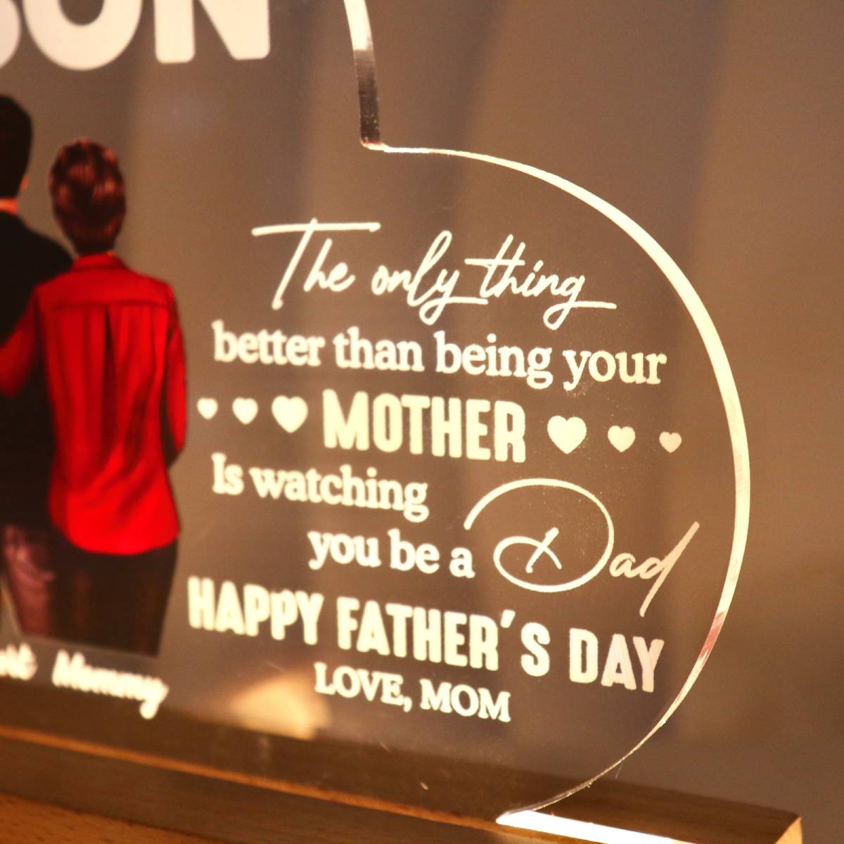From Mom To Son Happy Father's Day Personalized Heart Acrylic Warm LED Night Light, Heartfelt Gift For Son