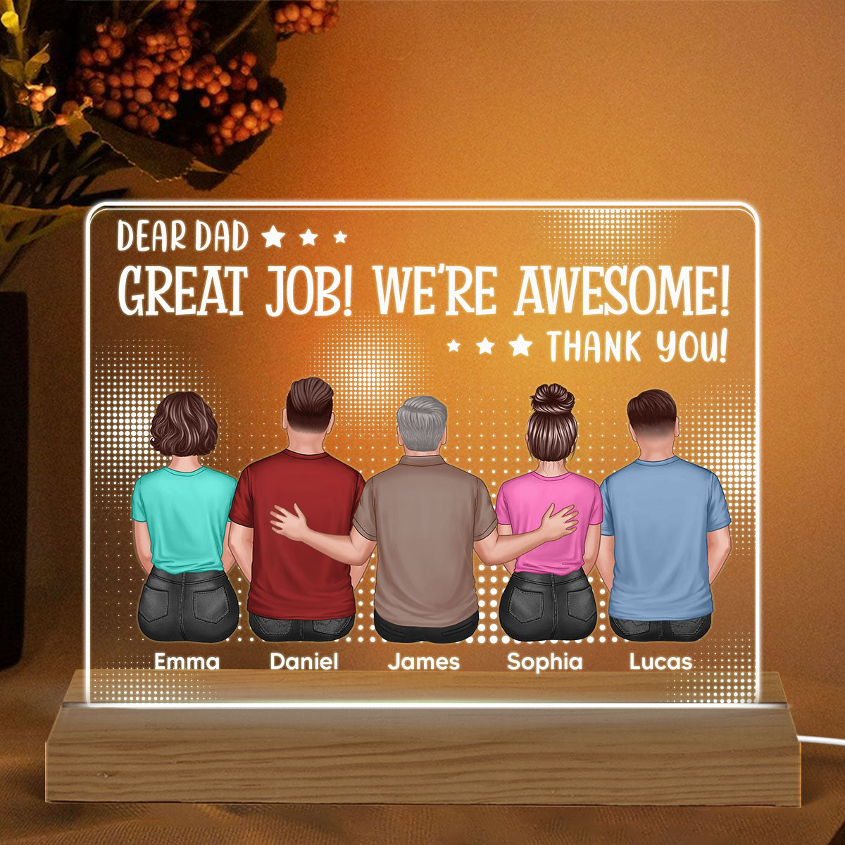 Dear Dad Great Job We‘re Awesome Back View Dad And Daughters Sons Sitting Personalized Custom Shape Acrylic Plaque Warm LED Night Light