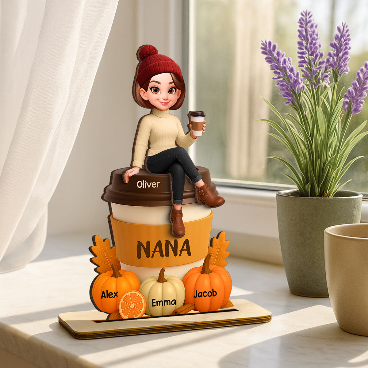 Grandma Mom Sitting On Pumpkin Spice Latte Grandkids Names Personalized 2-Layer Standing Wooden Plaque, Fall Season Decoration