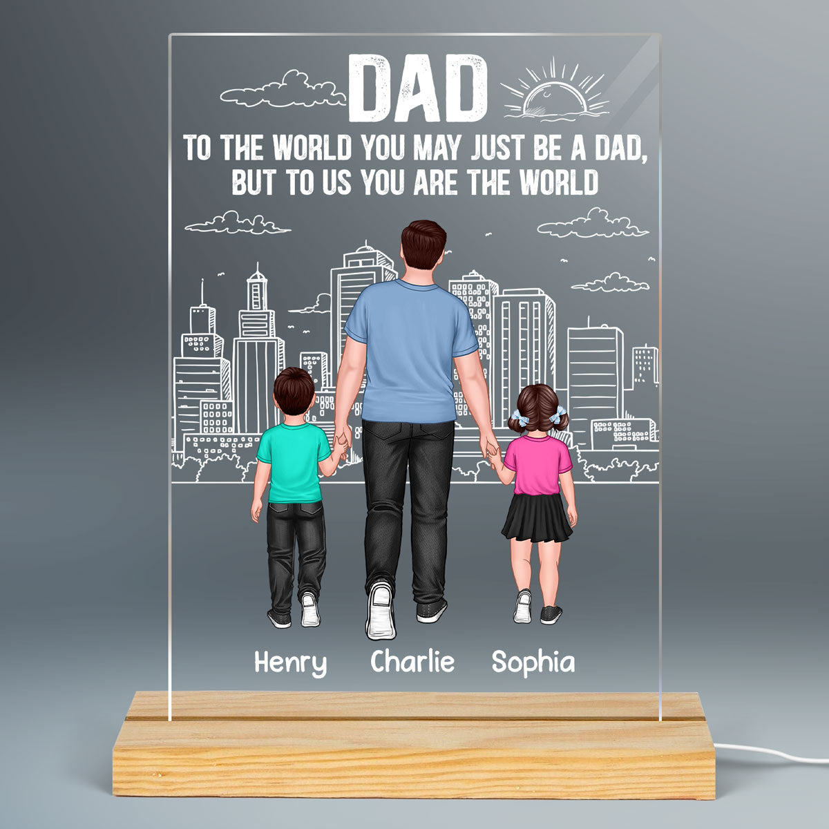 Back View Dad & Kids Walking Street Line Background Personalized Rectangle Acrylic Plaque With LED Night Light