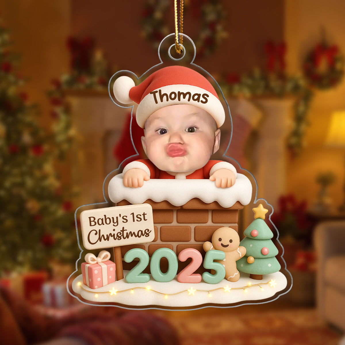 Santa Baby With Chimney Personalized Acrylic Ornament, Baby's 1st Christmas, Christmas Gift for Children, Grandchildren