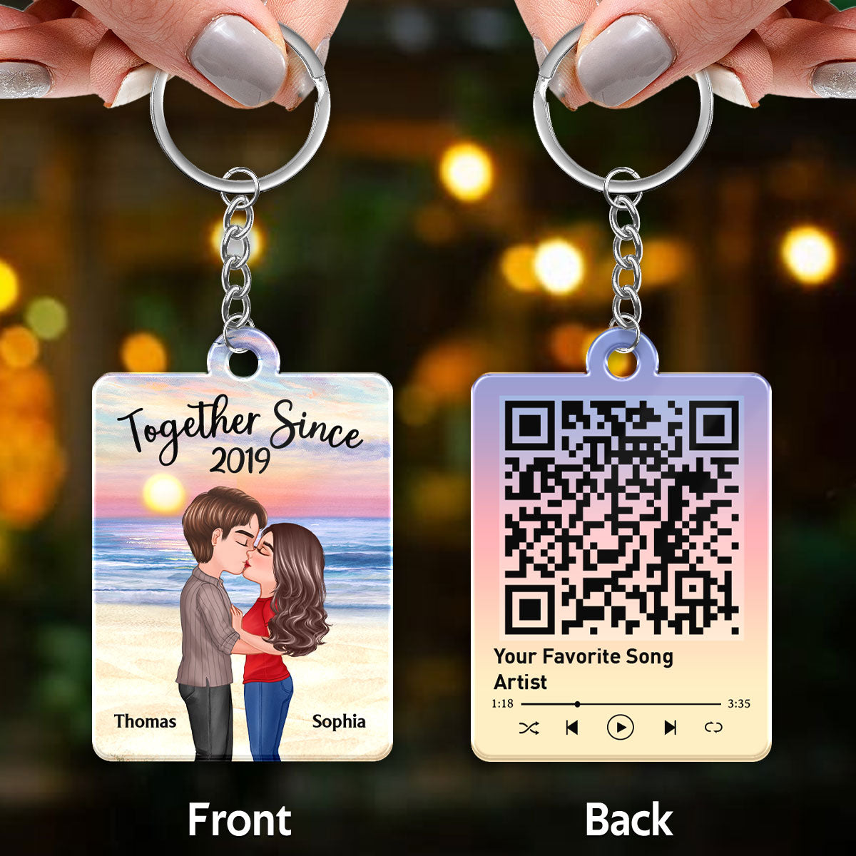 Beach Landscape Doll Couple Kissing Favorite Song Scannable QR Code Personalized Acrylic Keychain