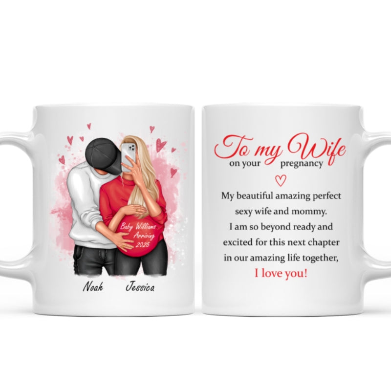 Personalized  Pregnant Wife Mug, Hugging Couple, Expecting From Husband Gift, Mom To Be Vday Gift, Romantic Pregnancy Gift