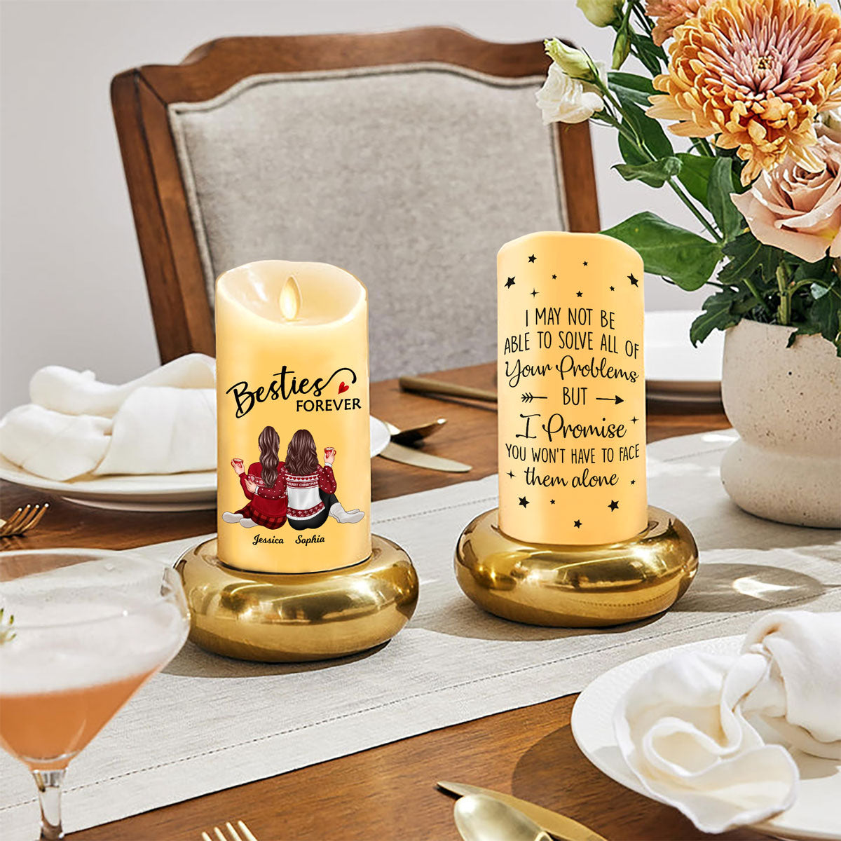 Besties Forever Message Christmas Besties Back View Personalized LED Candle