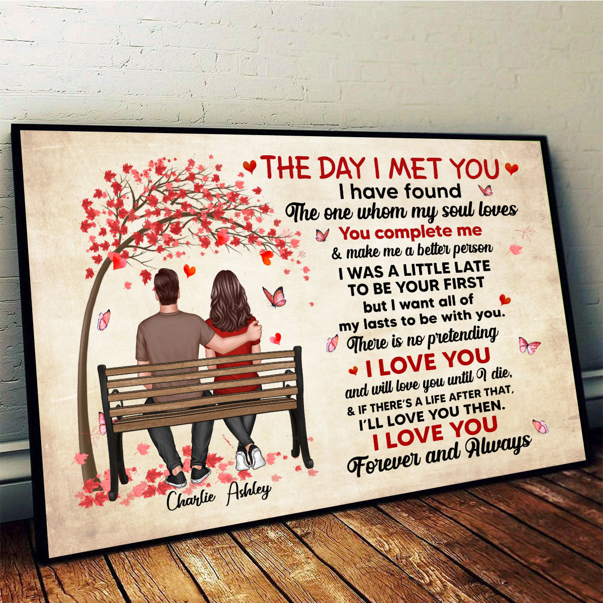 The Day I Met You Couple Sitting On Bench Under Tree Personalized Horizontal Poster