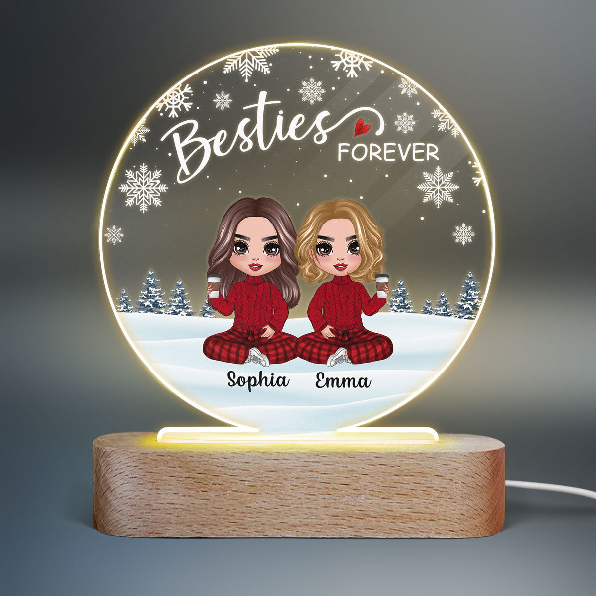 Doll Besties Sitting Snow Background Personalized Circle Acrylic Plaque LED Lamp Night Light