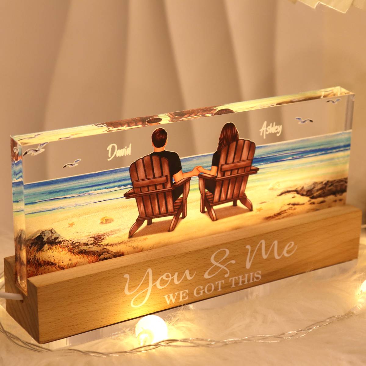 Couple Sitting At Beach Retro Personalized LED Night Light, Anniversary Gift For Couple, Gift For Husband, Wife, Dad, Mom