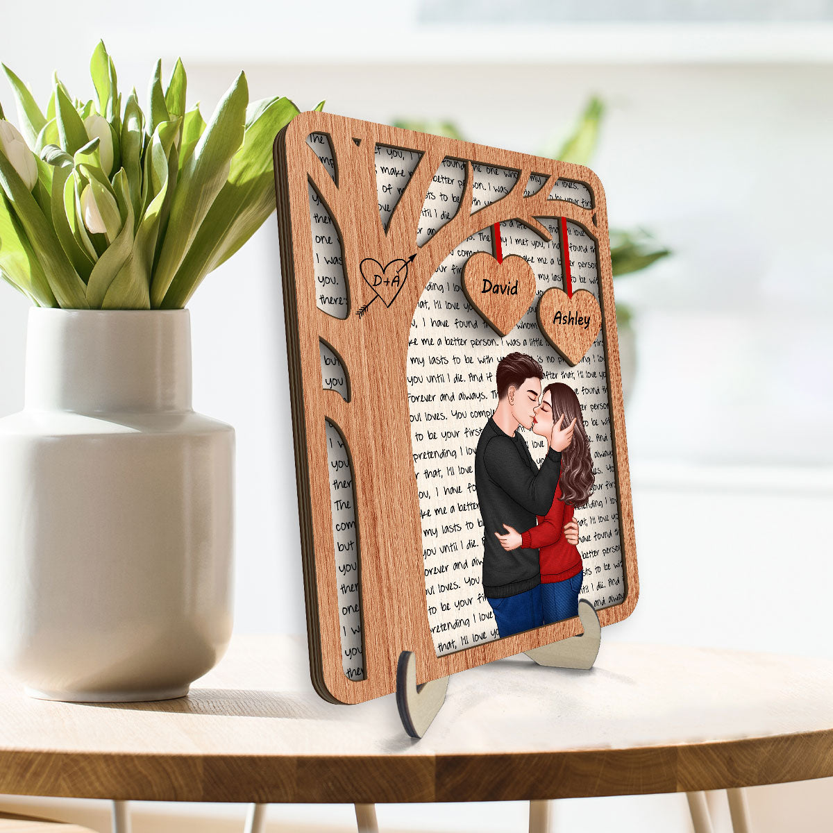 Romantic Couple Under Tree Letters Background Personalized 2-Layer Wooden Plaque