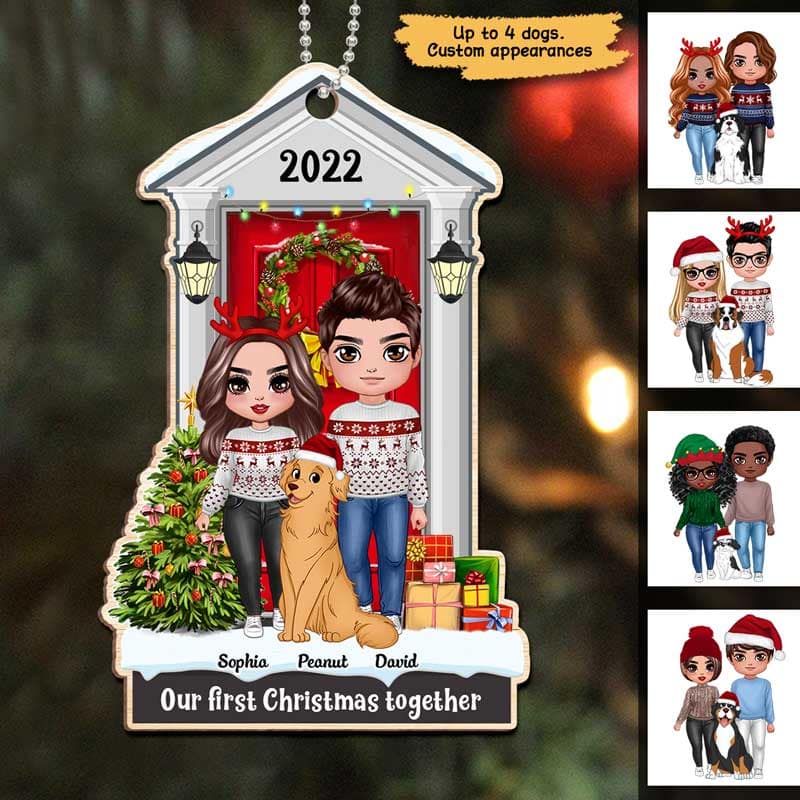 Standing Christmas Couple With Dog Personalized Wooden Ornament