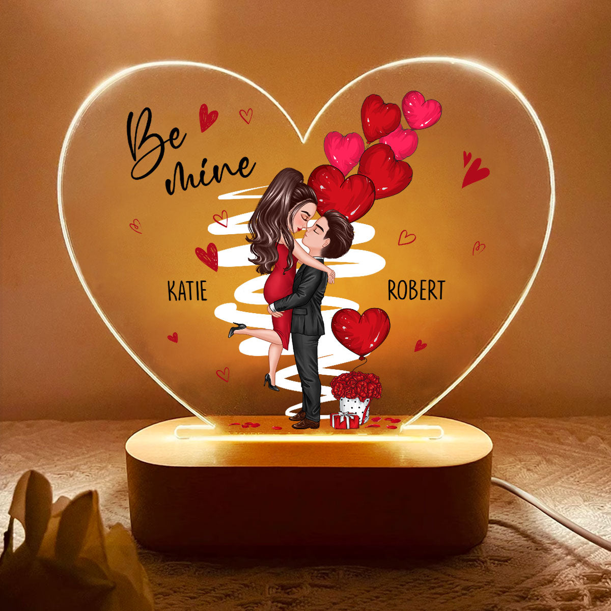 Be Mine Doll Couple Kissing Personalized Heart Plaque LED Night Light - Gift For Him Gift For Her