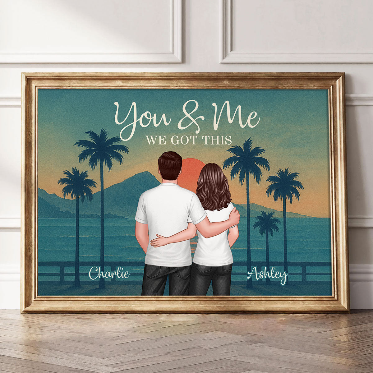 Retro Back View Couple Standing Hugging Personalized Poster, Anniversary gift for him, for her