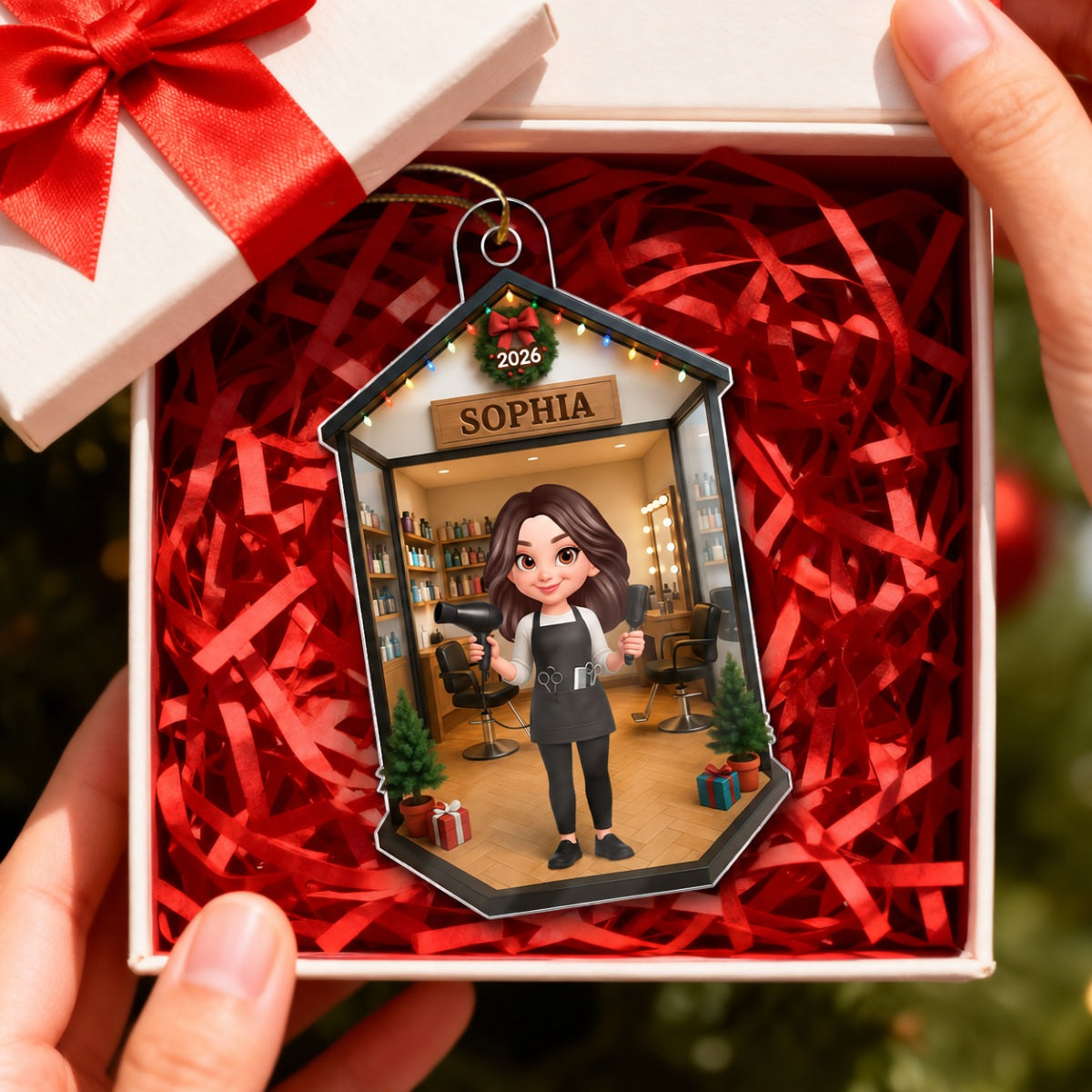 3D Effect Christmas Hair Salon Hairdresser Man Woman - Personalized Acrylic Ornament - Gift For Hairdressers