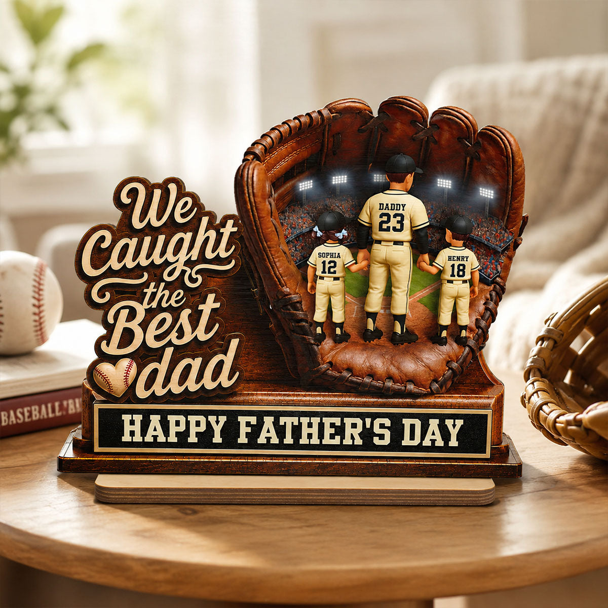 We Caught The Best Grandpa Man & Kids In Glove - Personalized 2-Layered Wooden Plaque - Happy Father's Day For Baseball Grandpa