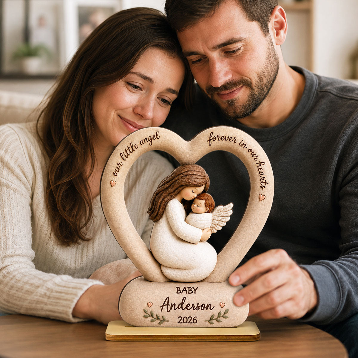 Our Little Angel Forever In Our Hearts - Personalized 2-Layered Wooden Plaque - Memorial Gift