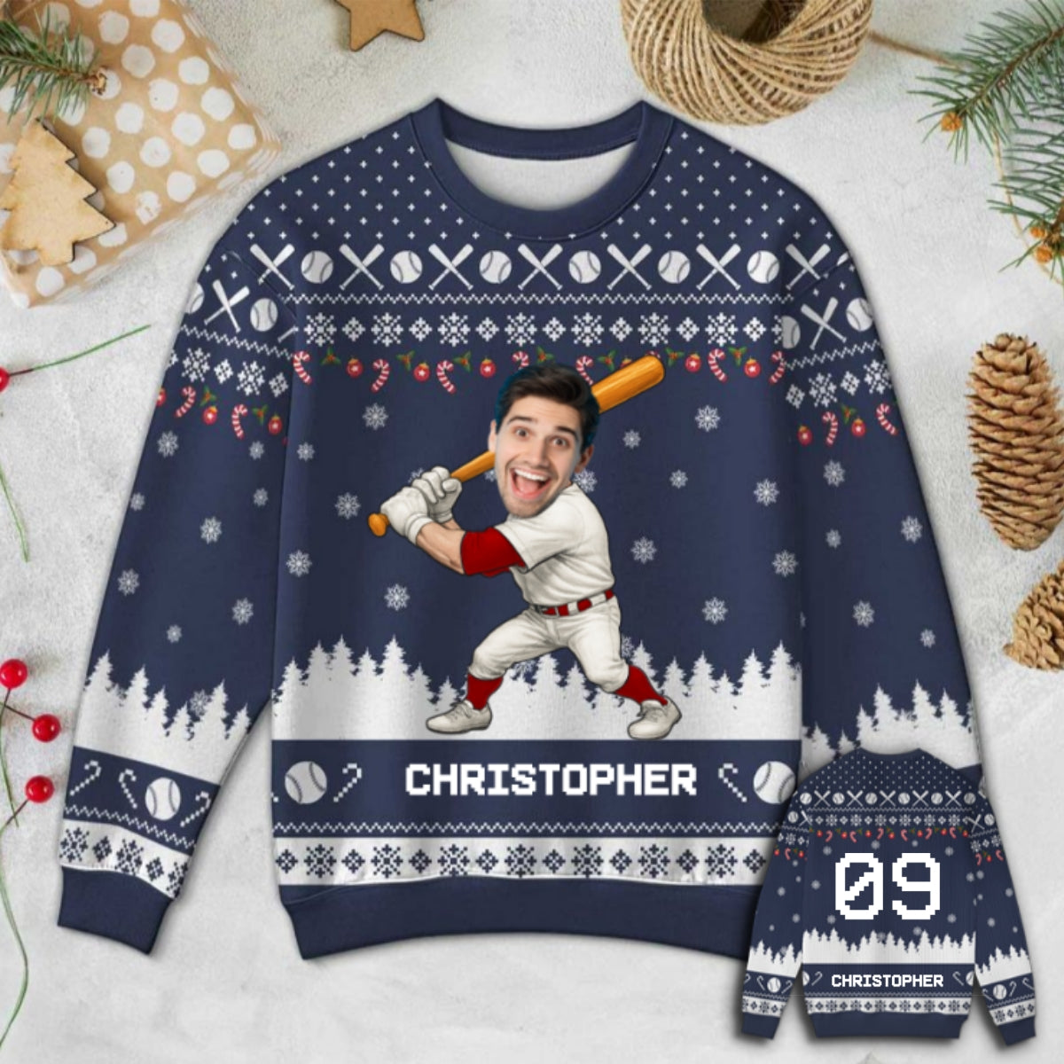 Baseball Player Custom Face Photo - Personalized Faux Knitting Ugly Sweater - Christmas Gift For Baseball Lover