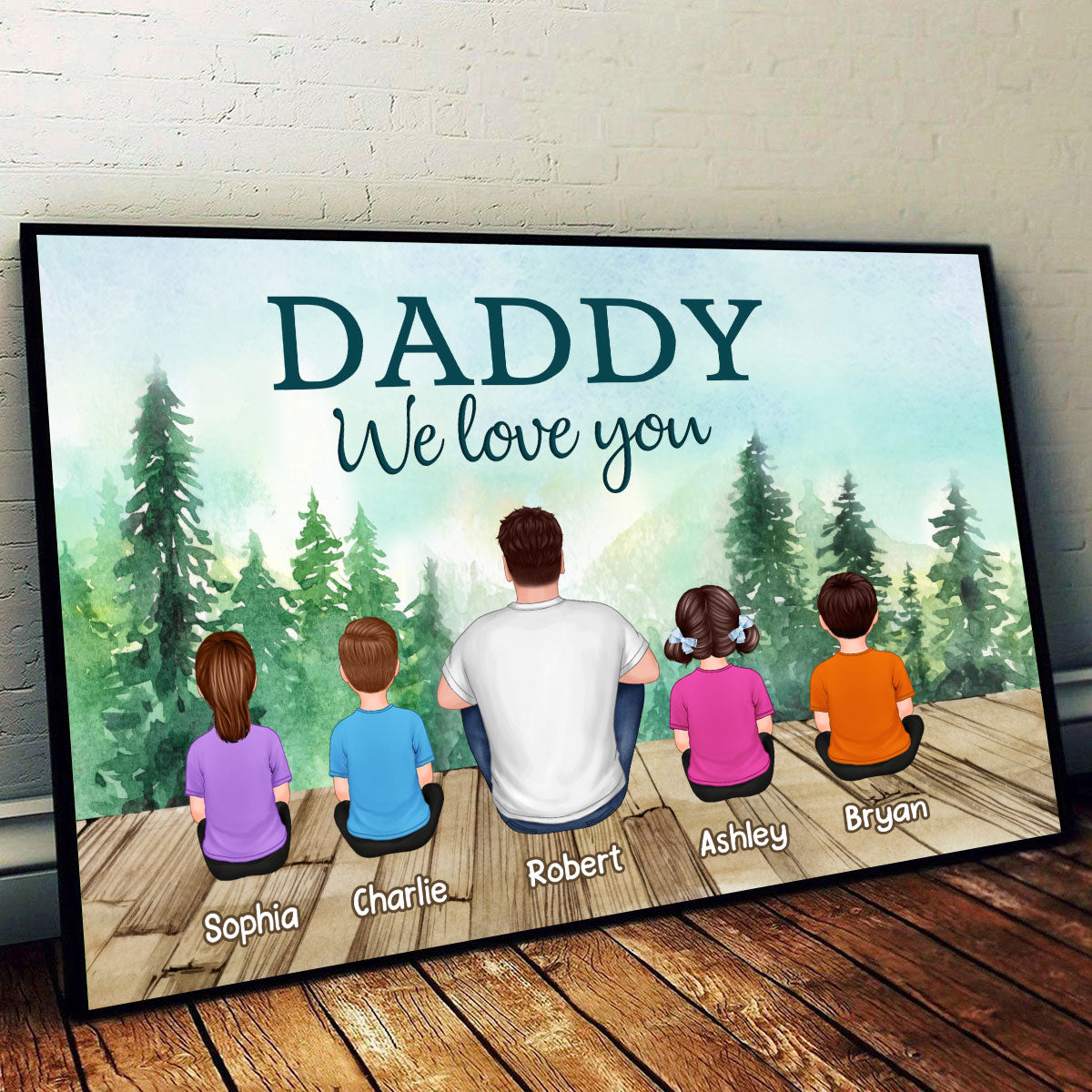 Forest Landscape Dad Grandpa We Love You Back View Dad And Kids Dogs Cats Sitting Personalized Horizontal Poster