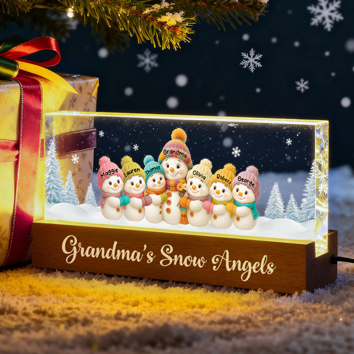 Grandma Snow Angels Snowman - Personalized Block LED Night Light - Christmas Gift for Grandmas