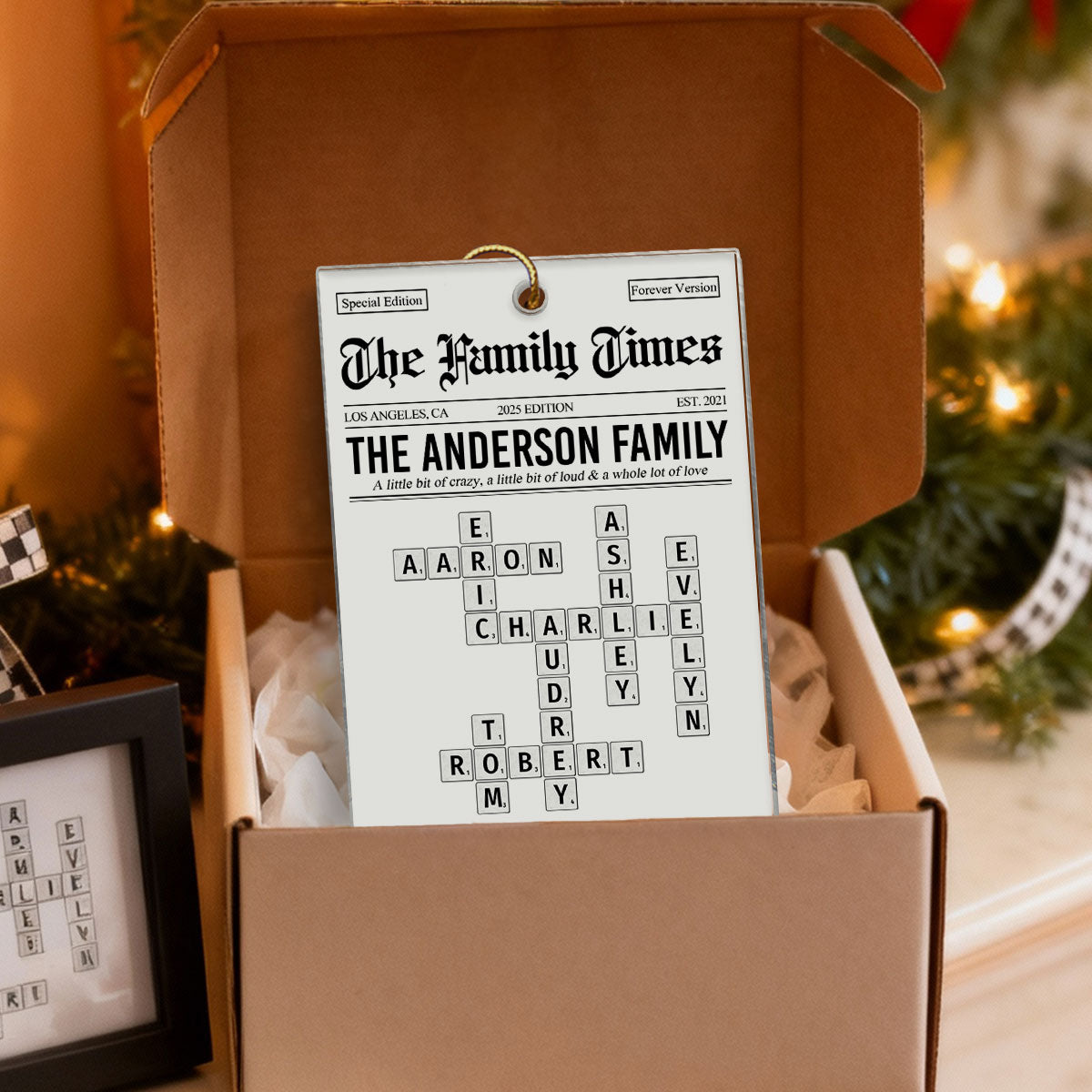 The Family Times Crossword Puzzle Newspaper Style - Personalized Acrylic Ornament - Christmas Keepsake Gift For Family