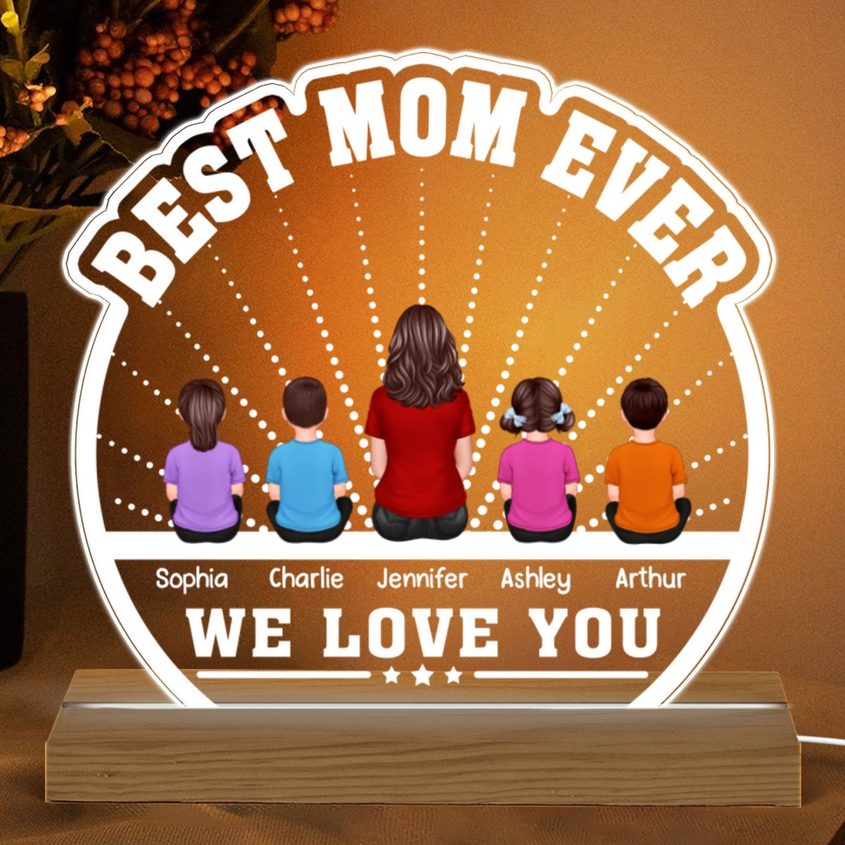 Best Mom Ever Back View Man Kids Dog Cat Personalized Custom Shaped Acrylic Plaque With LED Night Light