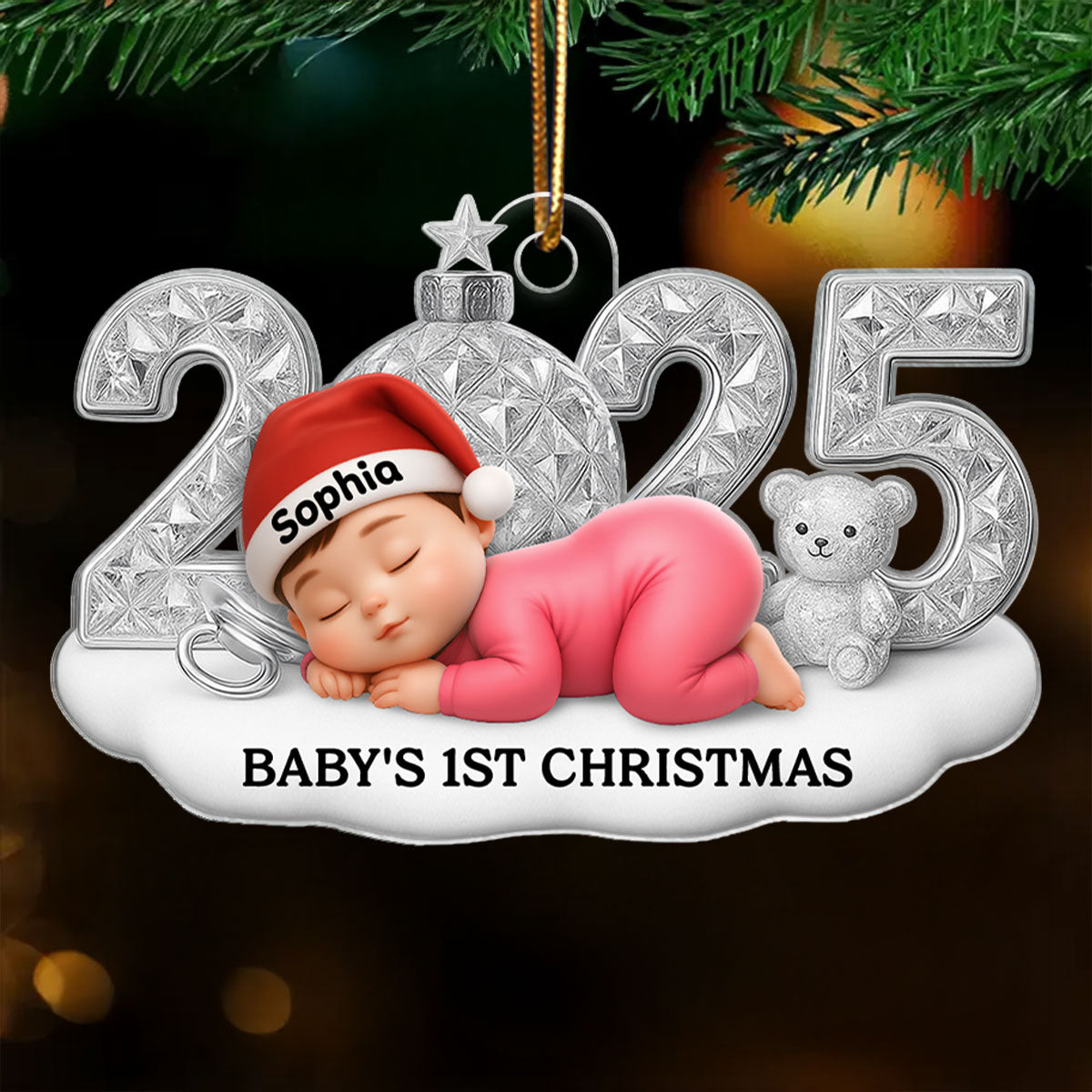 Cute Baby 2025 First Christmas - Personalized Acrylic Ornament - Christmas Gift for New Parent, Newborn Keepsake