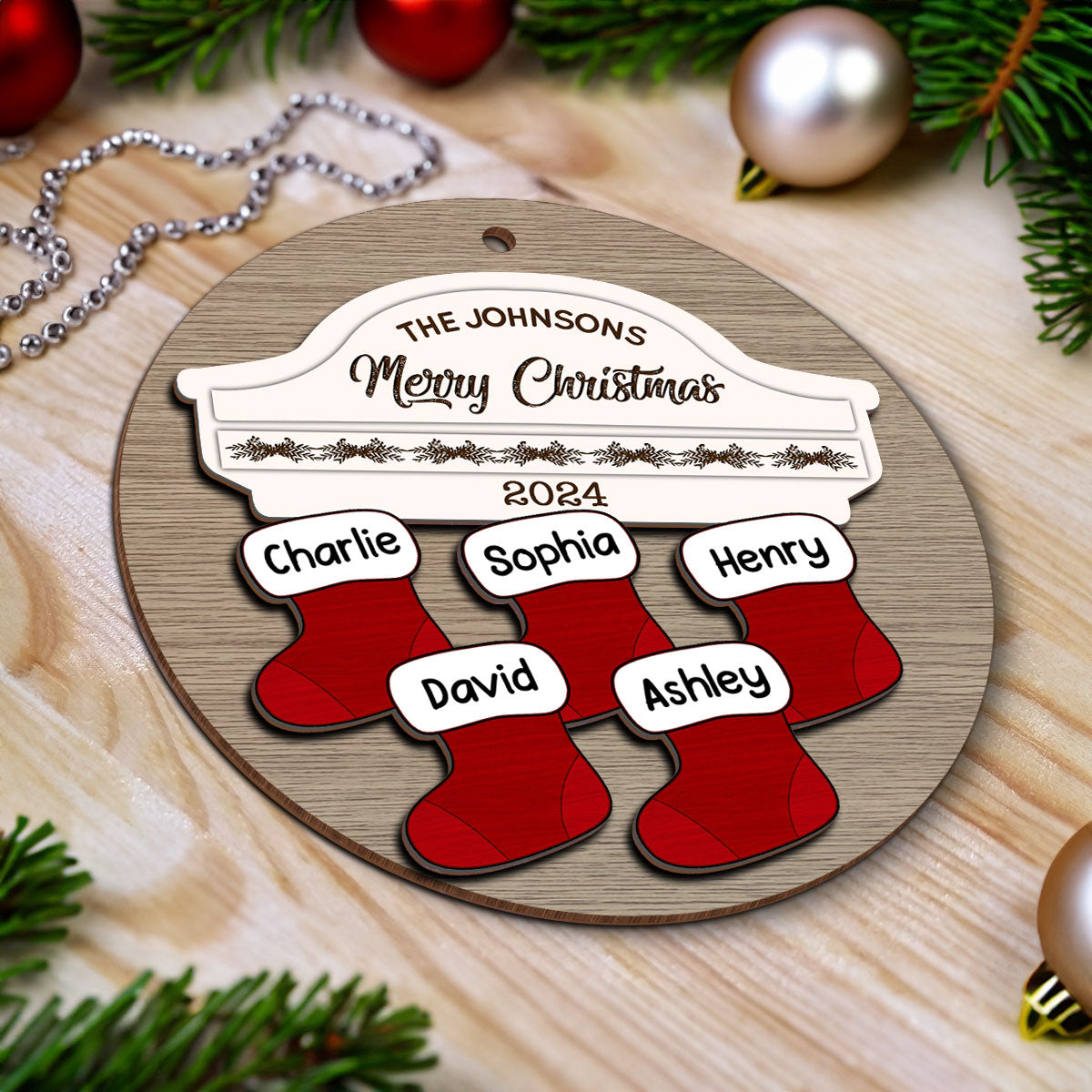 Family Name Stocking Christmas Decor Personalized 2-Layer Wooden Ornament