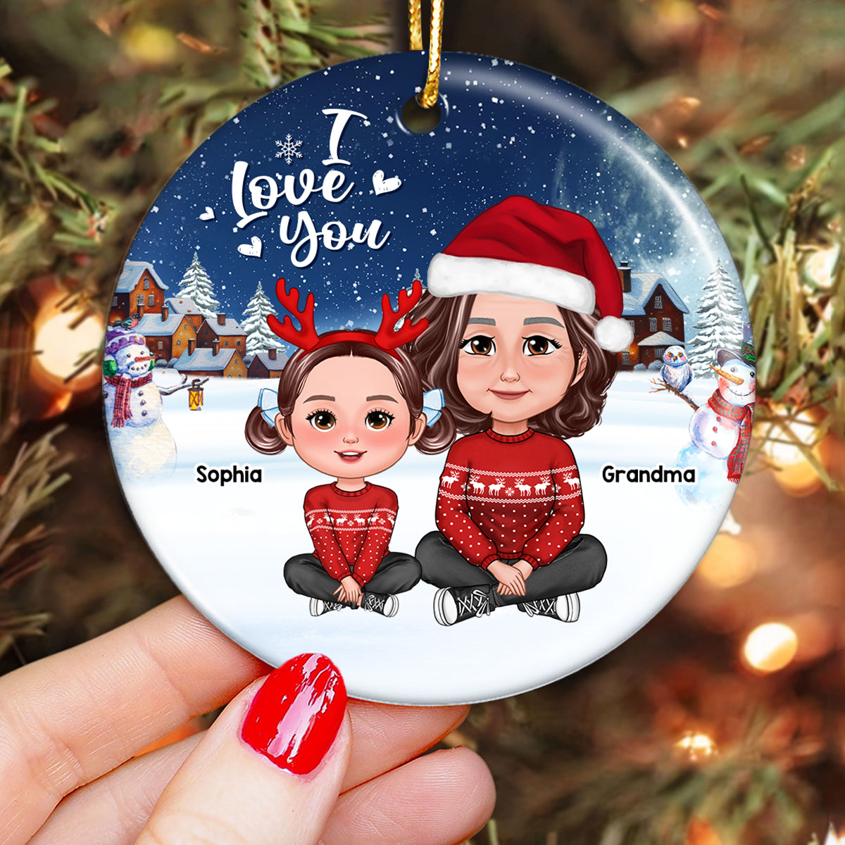 Christmas Grandma & Grandkid Sitting Crossed Legs I Love You Gift For Granddaughter Grandson Personalized Circle Ornament