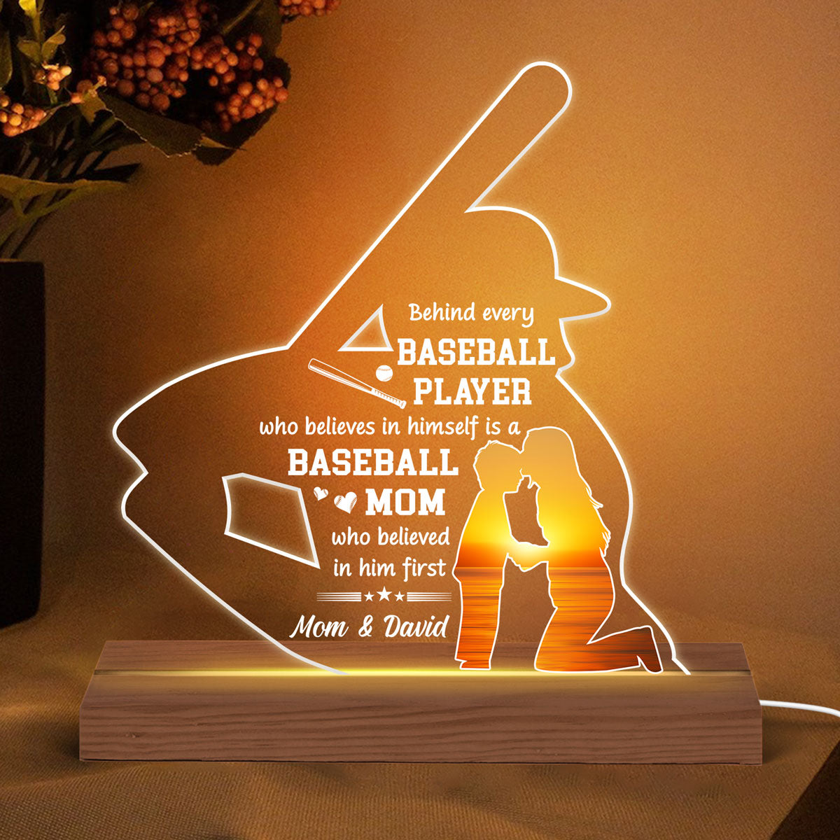 Behind Every Baseball Player Mother‘s Day Gift Personalized Custom Shape LED Night Light, Acrylic LED Lamp