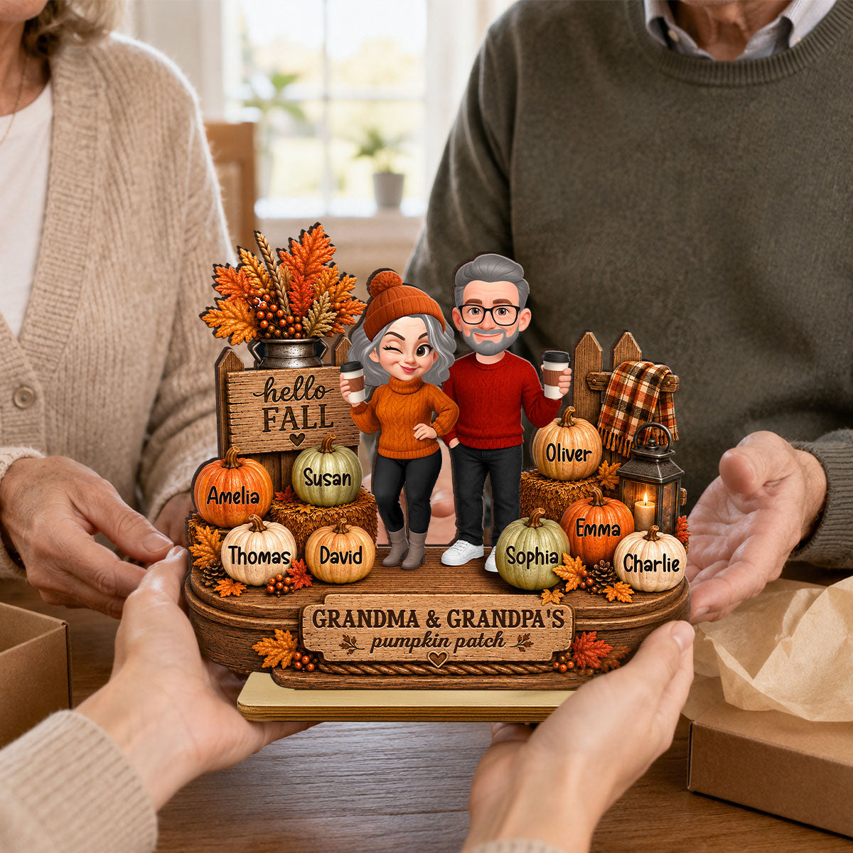 Hello Fall Grandparents' Pumpkin Patch - Personalized 2-Layered Wooden Plaque - Fall Gift, Thanksgiving, Grandparents Day Gift