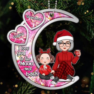Galaxy Pattern Cute Grandma & Grandkid On Moon Christmas Gift Personalized Acrylic Ornament