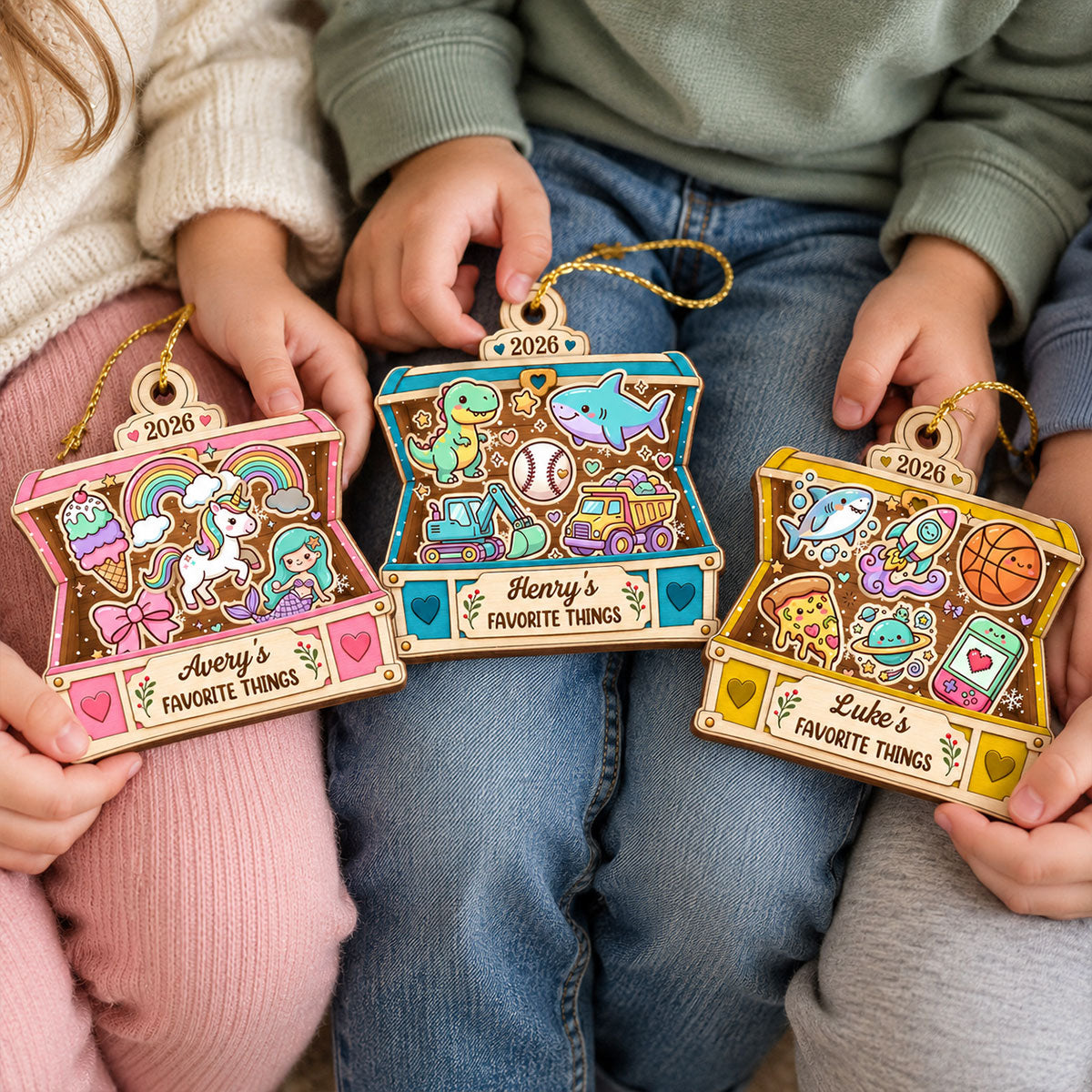Kid's Favorite Things Treasure Chest 2D Flat Printed - Personalized Wooden Ornament - Custom Name & Favorite Things Keepsake Gift for Kids