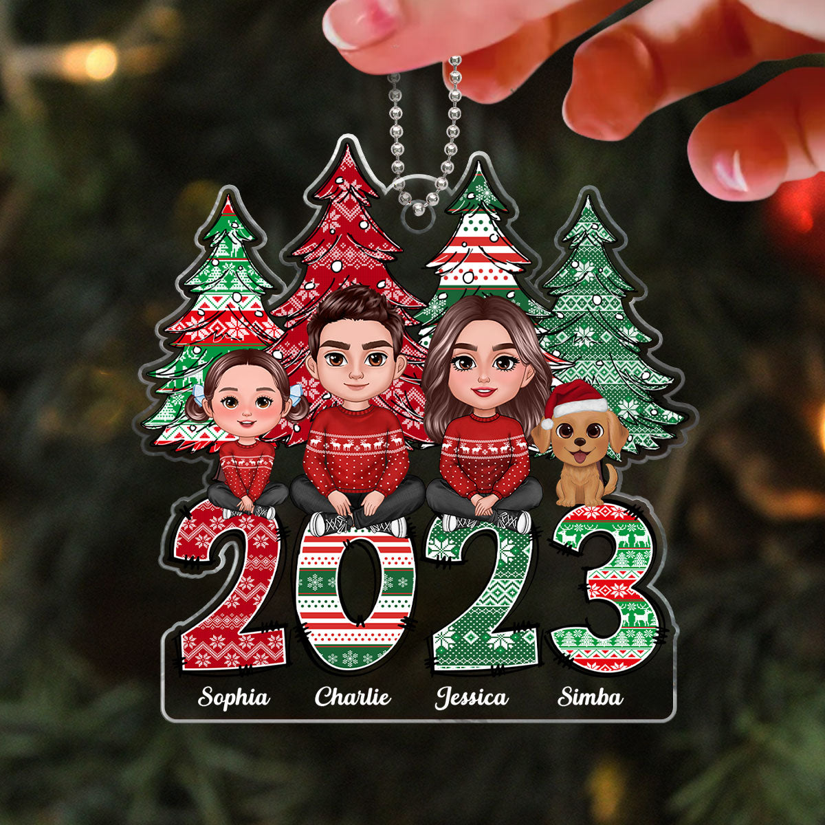 Ugly Sweater Pattern Family Sitting Crossed Legs Personalized Acrylic Ornament