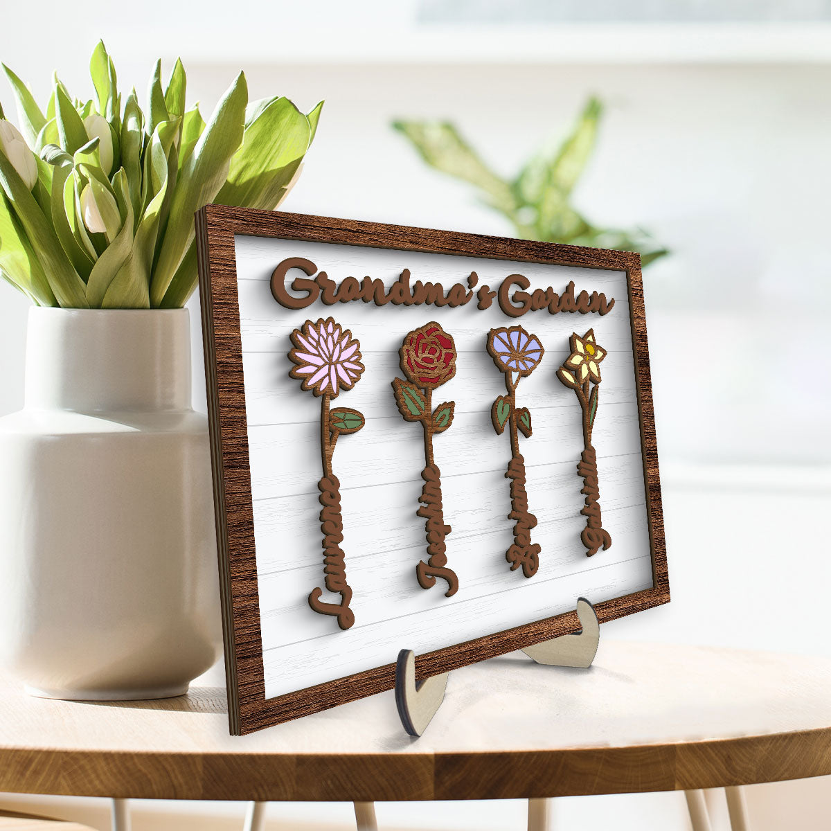 Grandma Mom Birth Month Flowers Love Grows Here Personalized 2-layer Wooden Plaque
