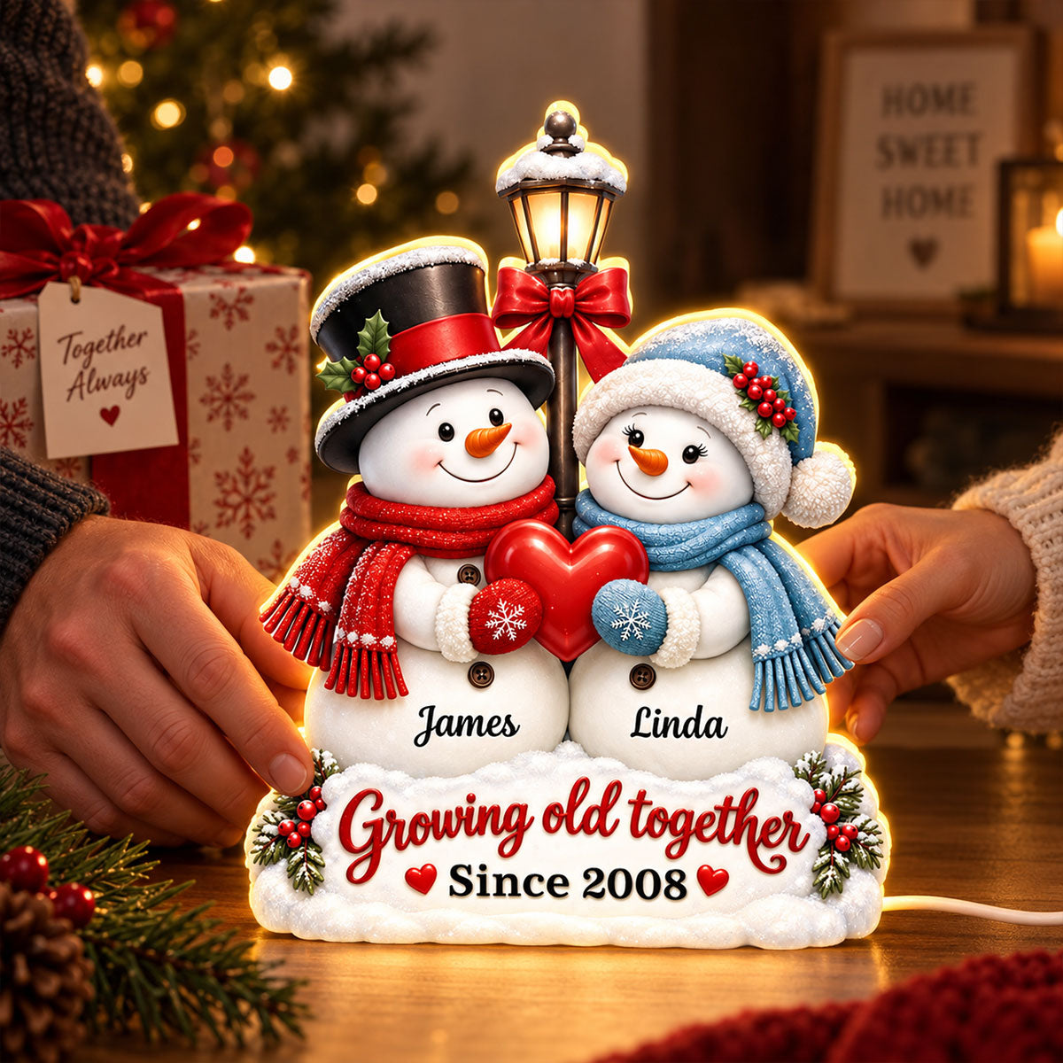 Snowman Couple Growing Old Together - Personalized Light Box - Heartfelt Christmas Gift for Her, for Him
