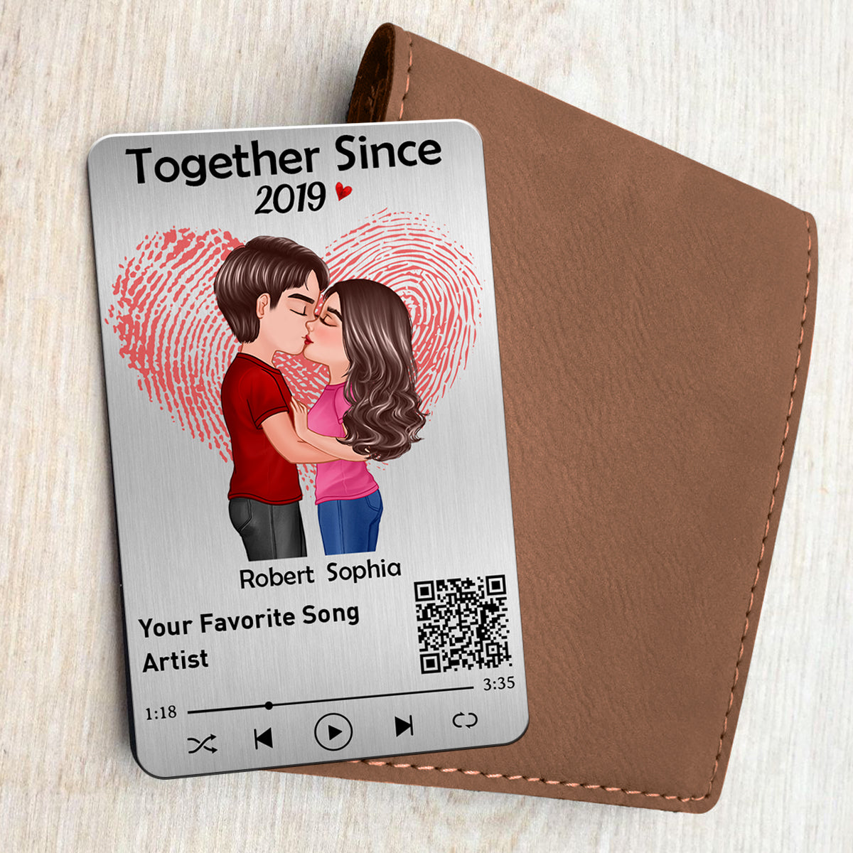 Fingerprint Heart Couple Kissing Favorite Song QR Code Personalized Metal Wallet Card