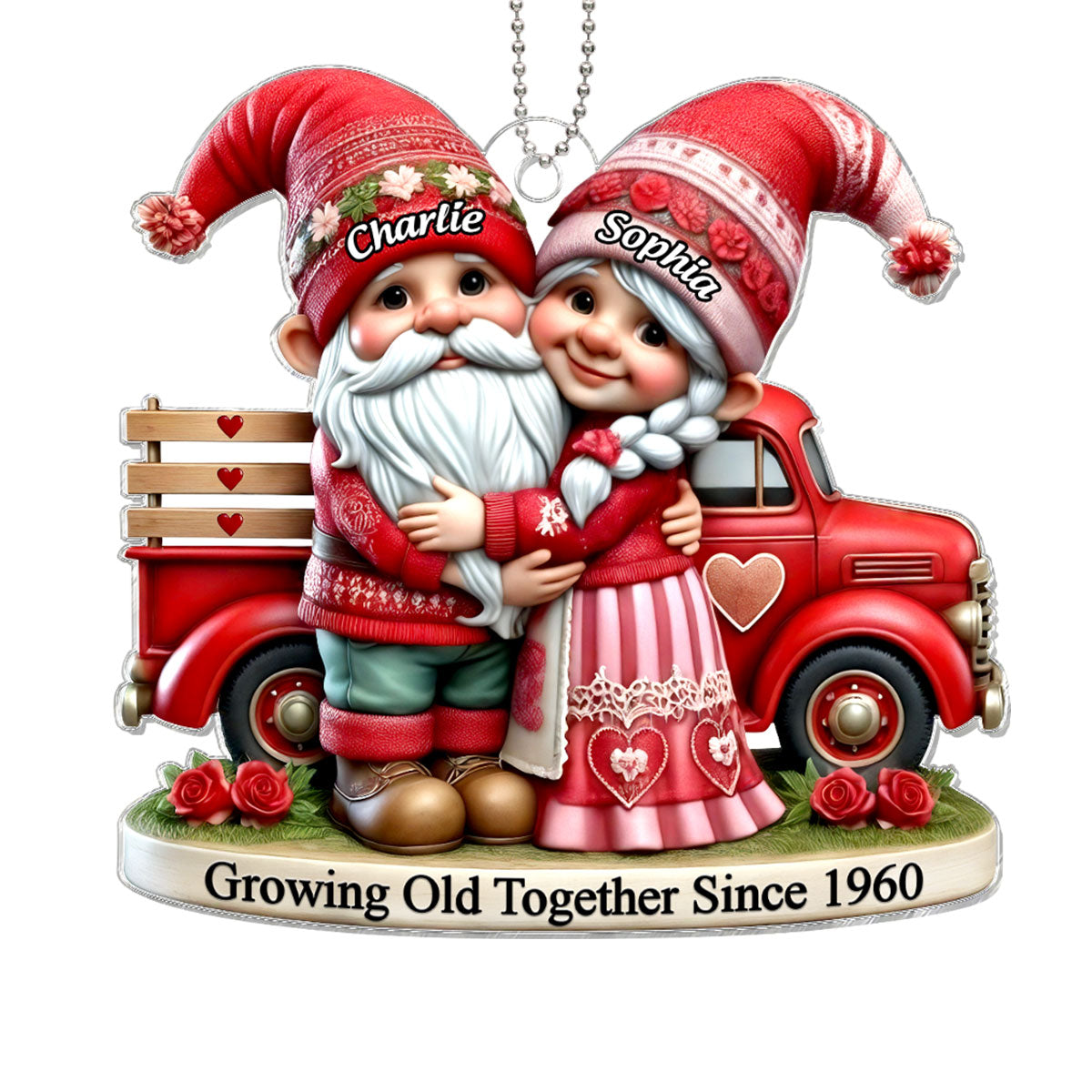 3D Effect Gnome Old Couple And  Truck Personalized Car Hanger Ornament,  Gift For Couple, For Him, For Her, Husband, Wife