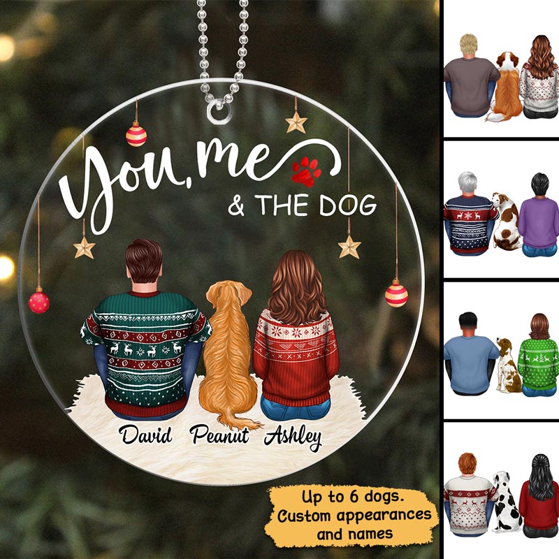 Couple Sitting With Dogs Christmas Personalized Acrylic Ornament