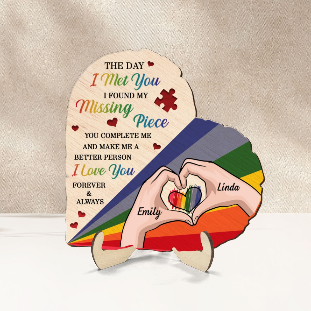 Half Heart Rainbow Flag LGBTQ Couple Personalized 2-Layered Wooden Plaque, Pride Month gift