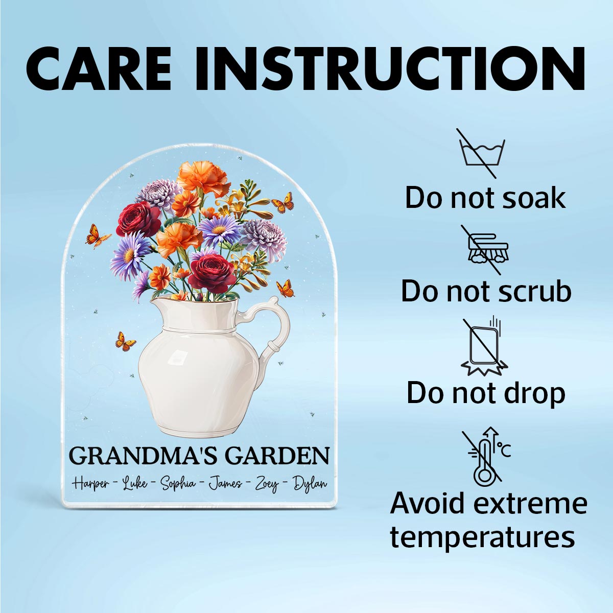 Grandma's Garden 3D Effect Birth Month Flower Vase Personalized Acrylic Block Plaque, Gift For Grandma