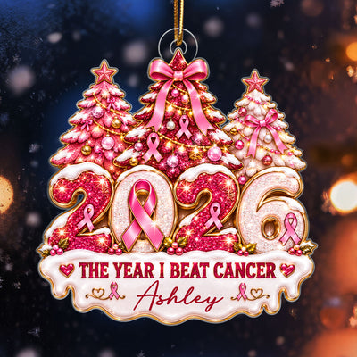 The Year I Beat Breast Cancer - Personalized Acrylic Ornament - Christmas Gift For Breast Cancer Survivors, Breast Cancer Awareness Gift