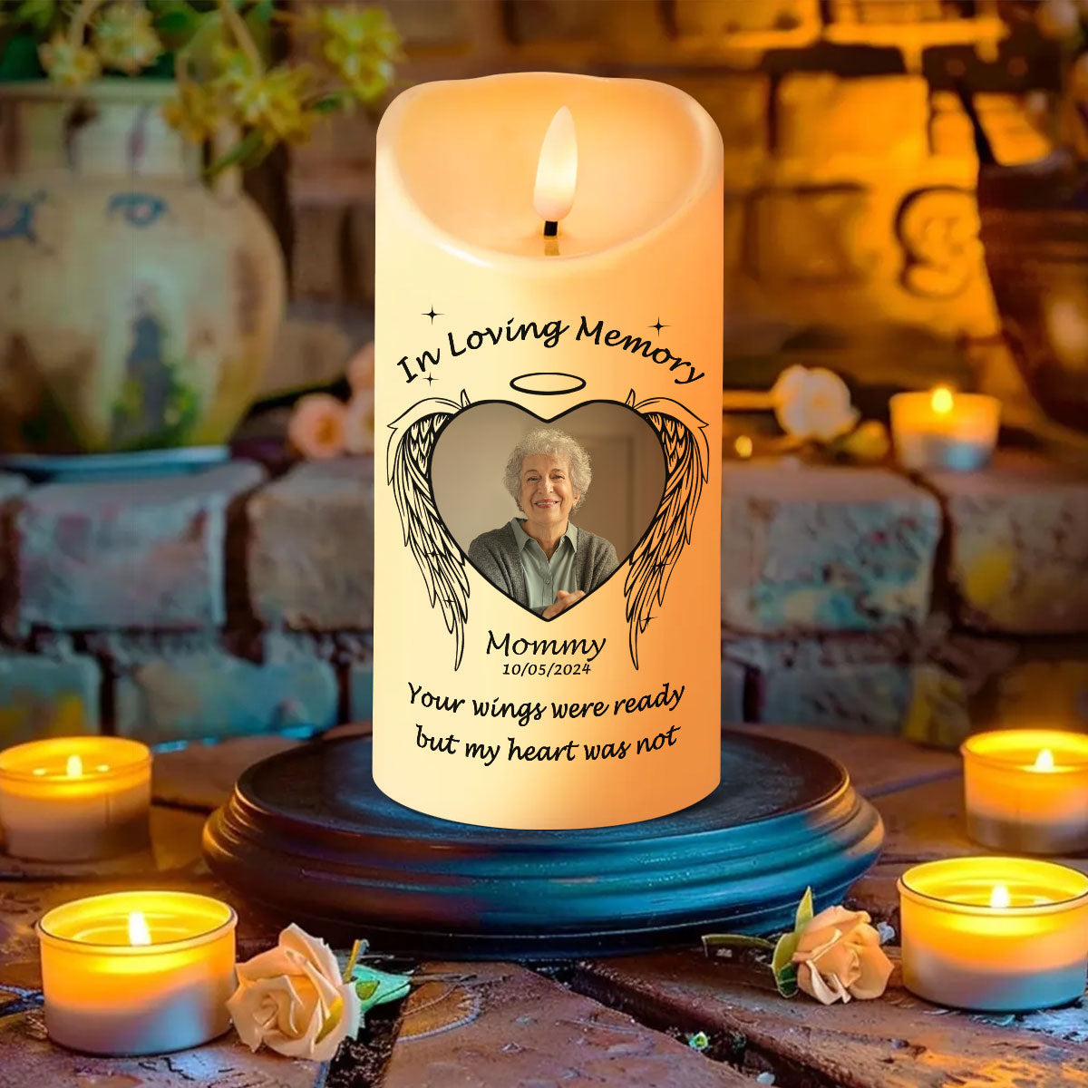 Memorial Angel Wings Personalized LED Candle, Custom Photo Sympathy Gift