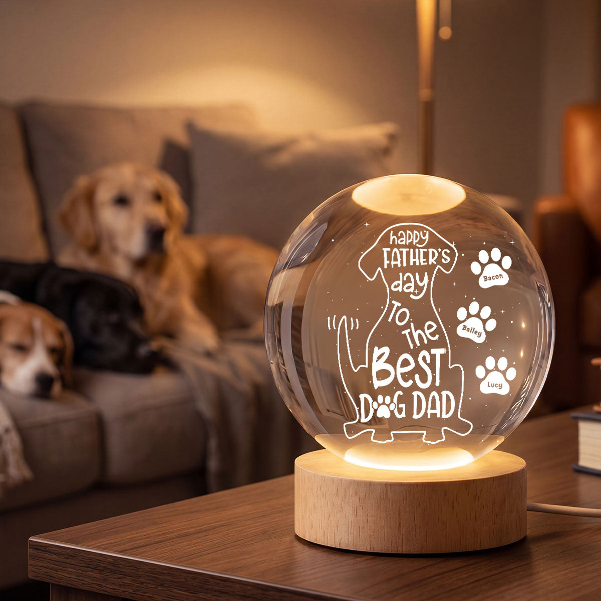 Happy  Dog Dad - Personalized Crystal Ball LED Night Light - Heartfelt  Gift for Husband