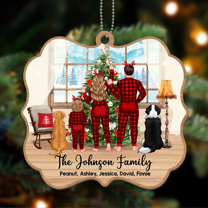 Family Pajamas Decorating Tree Couple Kid Dog Cat Personalized Wooden Ornament