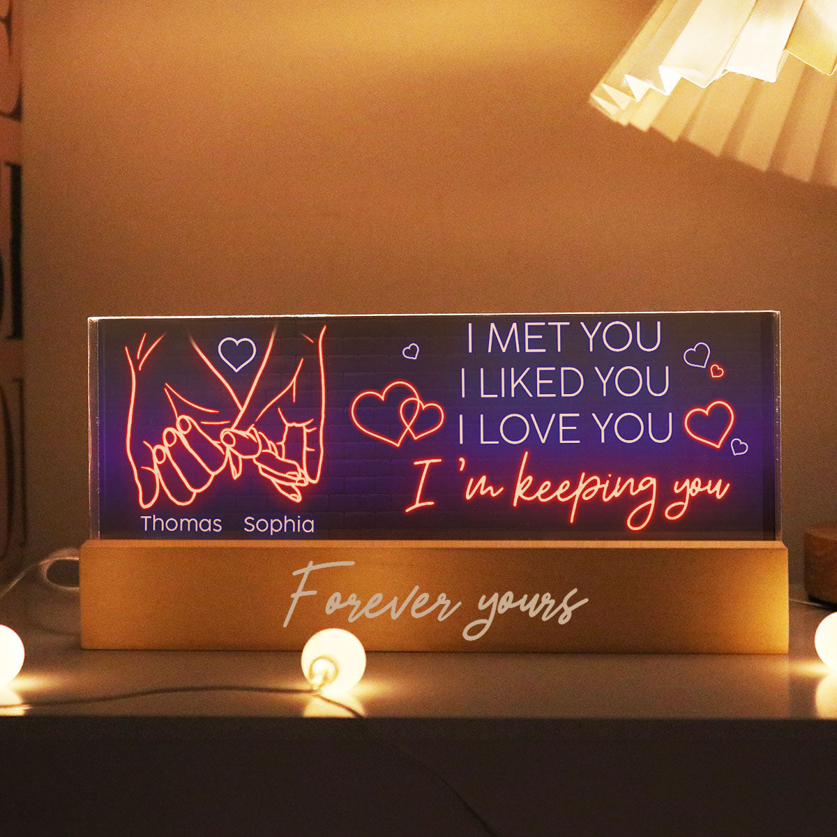 I Love You Forever Yours Couple Hand In Hand Outline Anniversary  Gift Personalized Acrylic Block LED Night Light
