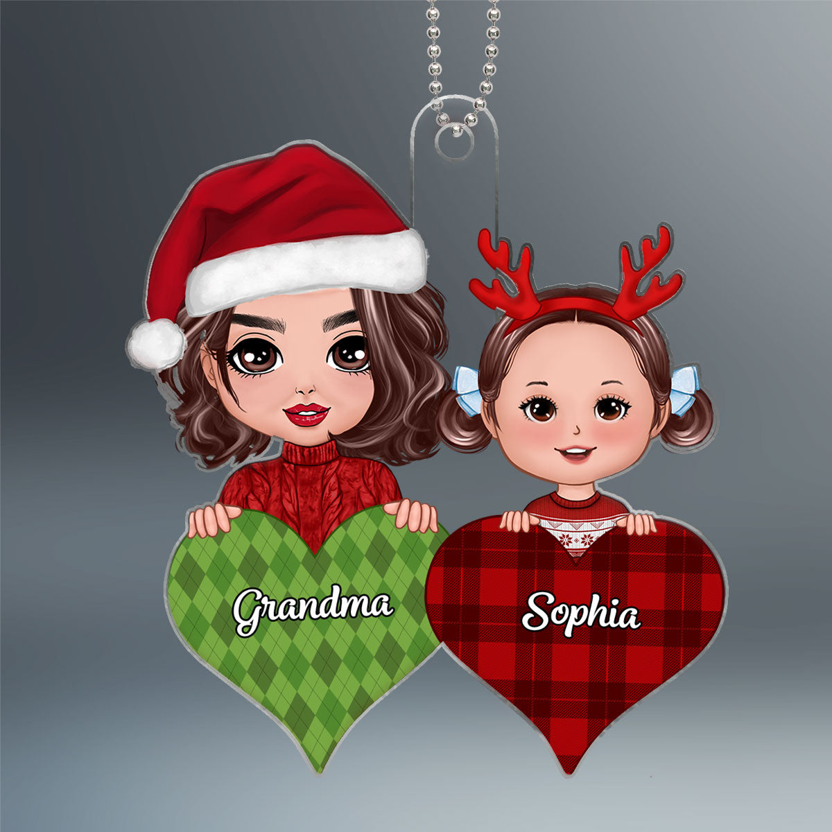 Doll Grandma & Grandkid Peeking On Pattern Heart Christmas Gift For Grandson Granddaughter Personalized Acrylic Ornament
