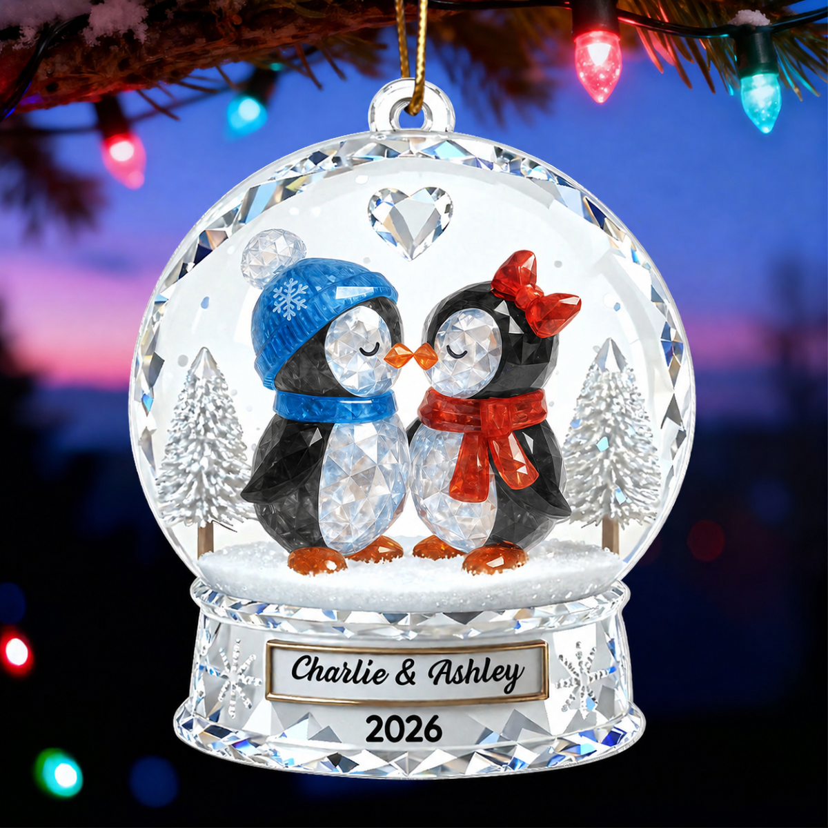Penguin Couple 3D Crystal Effect - Personalized Acrylic Ornament - Christmas Gift for him, Gift for her