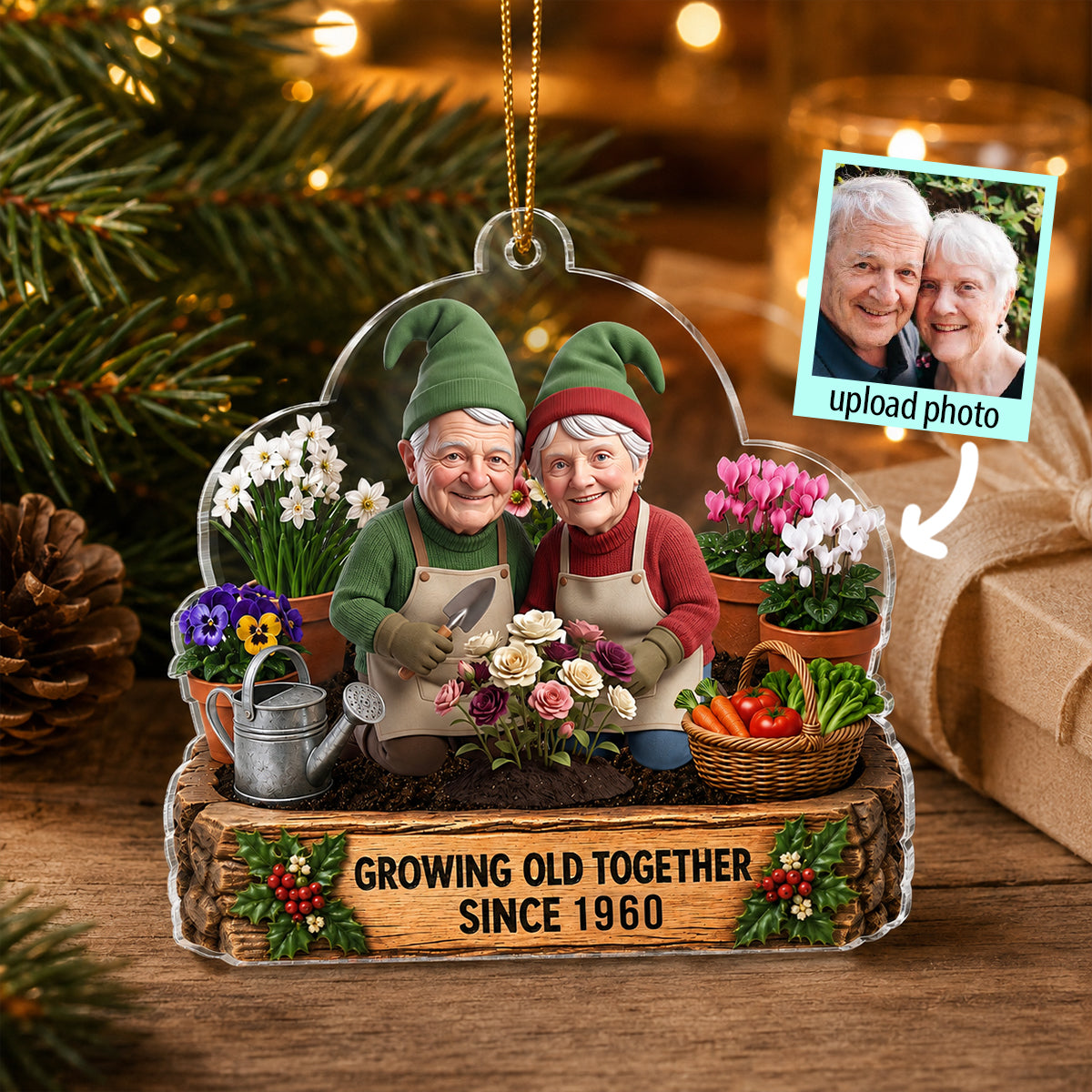 Garden Gnome Couple Growing Old Together - Personalized Acrylic Ornament - Christmas Gift for Him, for Her